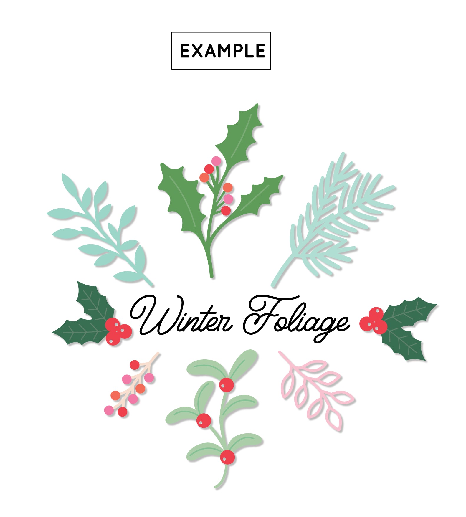 Set of winter foliage illustrations with holly and pine branches on a white background.