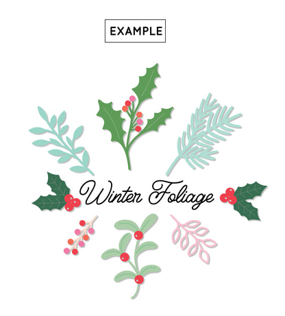 Set of winter foliage illustrations with holly and pine branches on a white background.