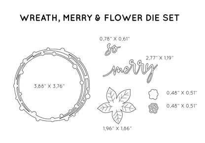 Wreath, Merry & Flower Die Set with dimensions on a white background