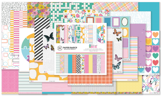Collection of colorful paper sheets with various patterns and designs on a white background.