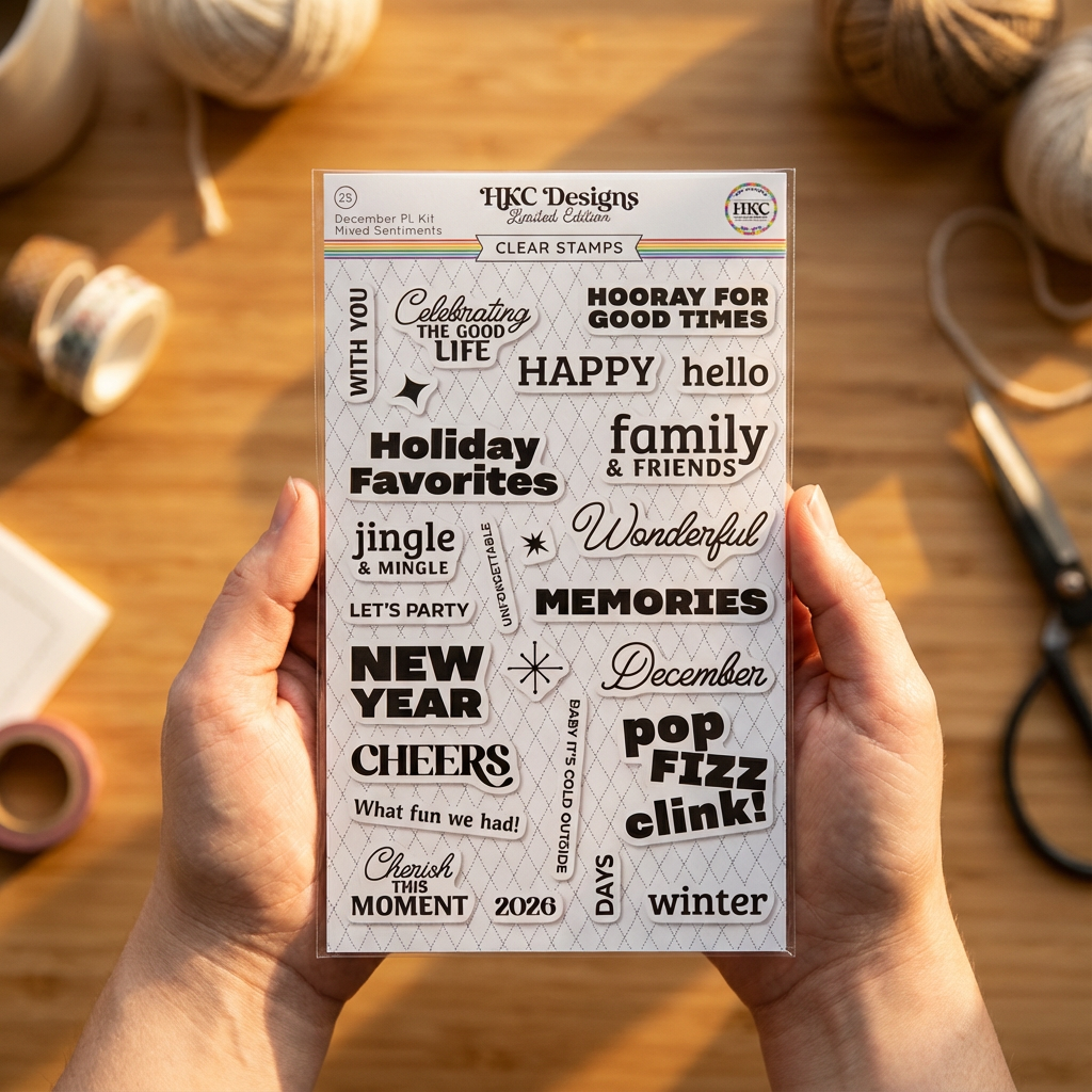 hkc Designs clear stamps with various phrases on a wooden surface with yarn and scissors.