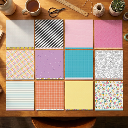 Collection of patterned paper sheets on a wooden surface with stationery items.