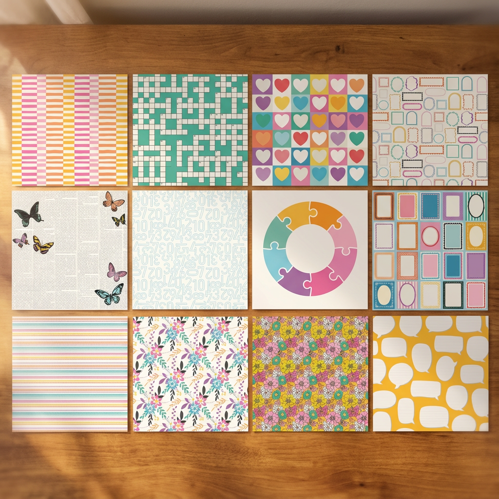 Collection of patterned paper sheets on a wooden surface