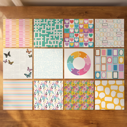 Collection of patterned paper sheets on a wooden surface