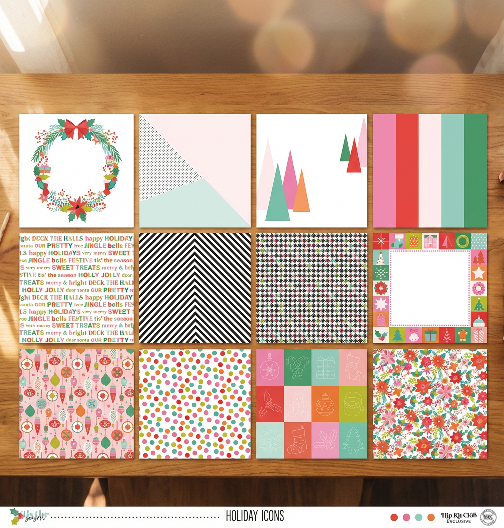 Collection of holiday-themed paper designs on a wooden surface