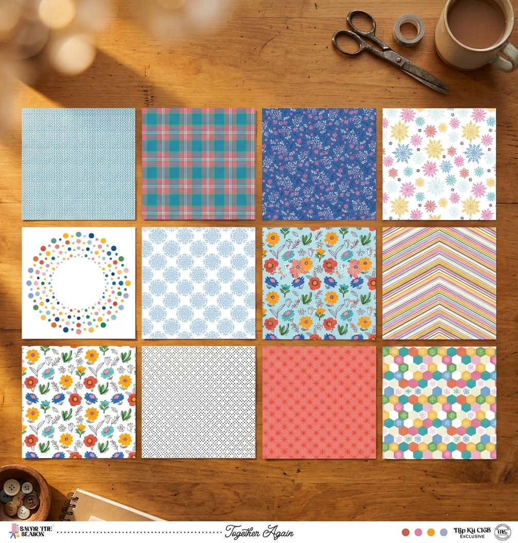 Collection of patterned paper sheets on a wooden surface with scissors and a mug.