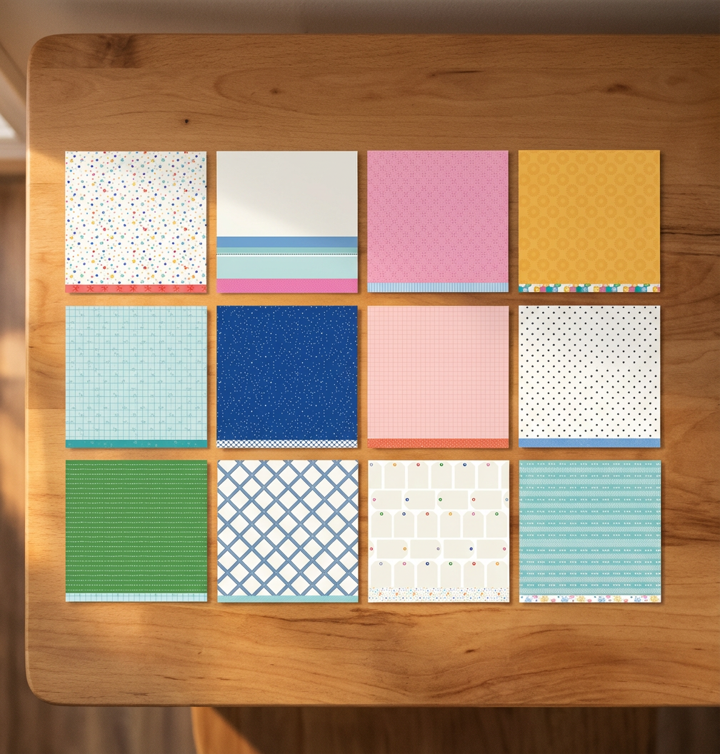 Set of colorful patterned paper sheets on a wooden surface