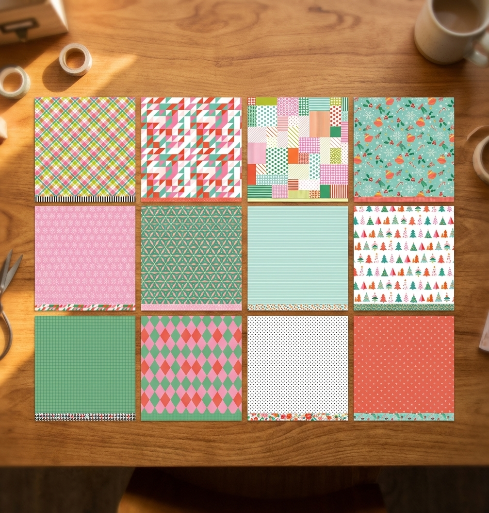 Collection of patterned paper sheets arranged in a grid on a wooden surface.