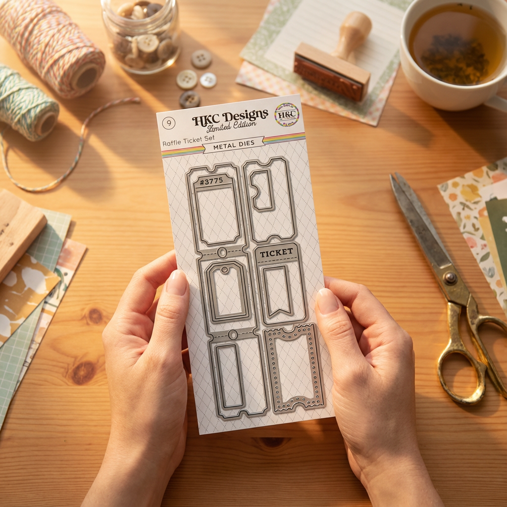 Precision metal die set featuring detailed raffle ticket designs. Cuts cleanly through cardstock, vellum & specialty papers. Perfect for scrapbooking & memory keeping.