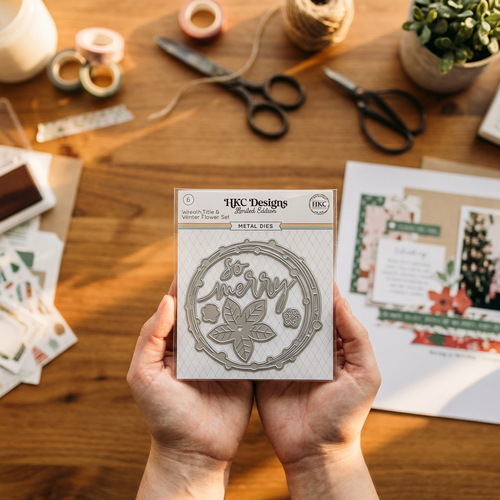 HKC Designs metal die set held by hands with a crafting table in the background